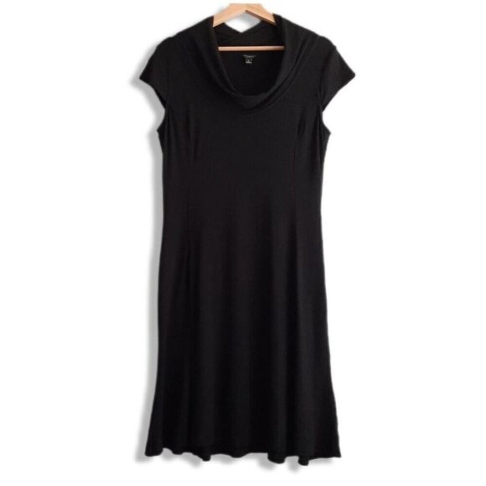 ANN TAYLOR Cowl Neck Stretchy Short Sleeve Comfy Knee Length Dress Black Sz 8